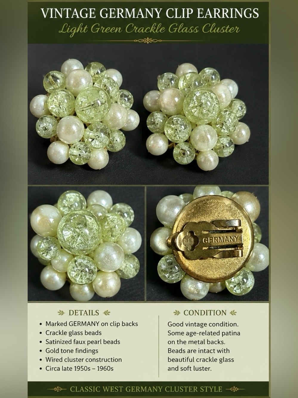 Vintage Cluster Clip-On Earrings in Pale Green and Pearl - Germany Marked